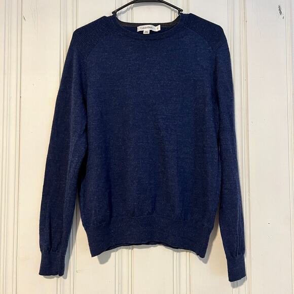Calvin Klein Sweater Mens Large Blue Pullover Extra Fine Merino Wool Long Sleeve - Picture 1 of 4